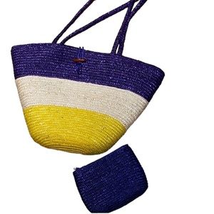 Woman's Woven Blue/Yellow/Tan Beach Tote Bag Set